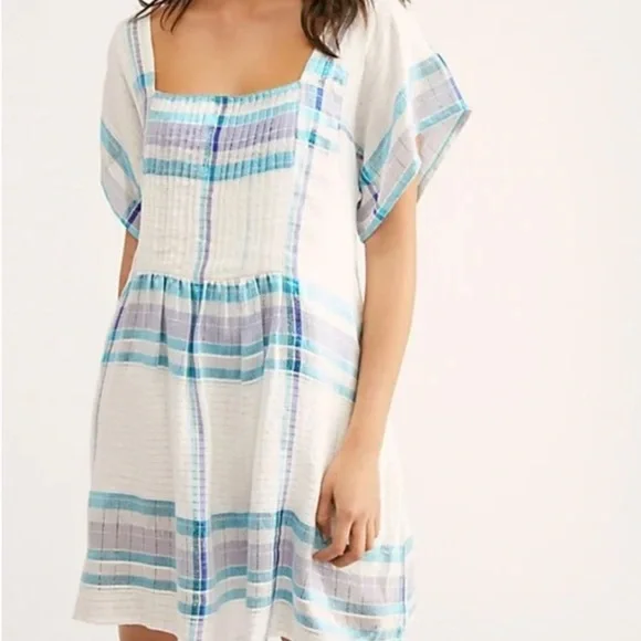 Free People Barcelona Plaid Shimmer Mini Dress Ivory Metallic Stripes Boho - Picture 2 of 11